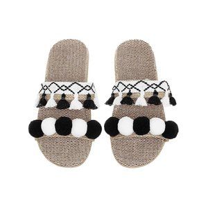 Woven Comfort Pom Pom Open-Toe Slipper Non-Slip